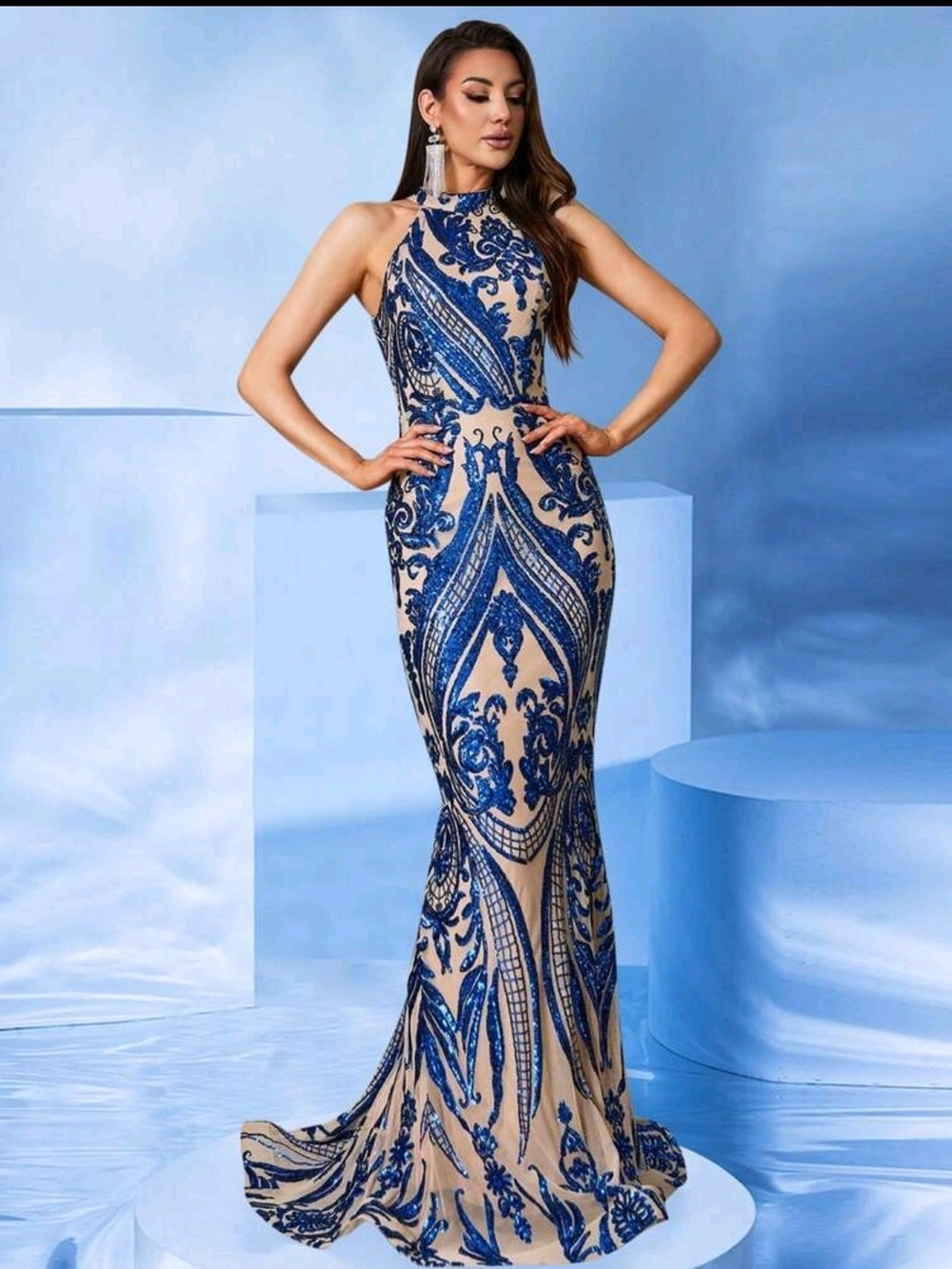 Navy Blue Embellished Halter Evening Gown